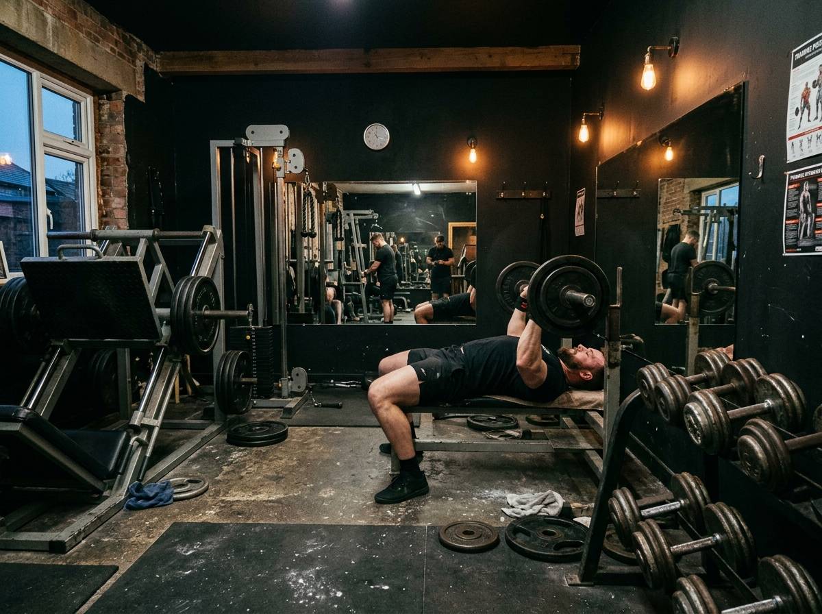 Primer piso de StronGym en Reynosa: mancuernas, barras, poleas, prensa y máquina de hack